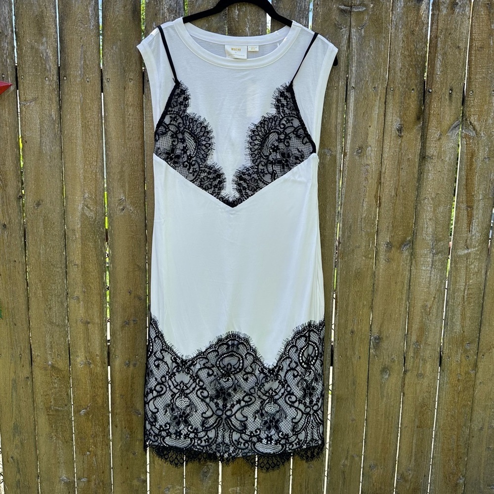 NWT Anthropologie Maeve Lace T-Shirt Dress Black White XS